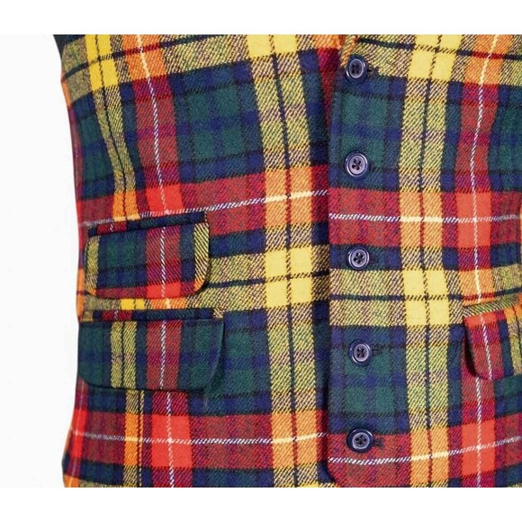 Mens Waistcoat Suit Lapel Vest 40R Multicolor Tartan Plaid Wool Formal Wedding - Picture 5 of 8